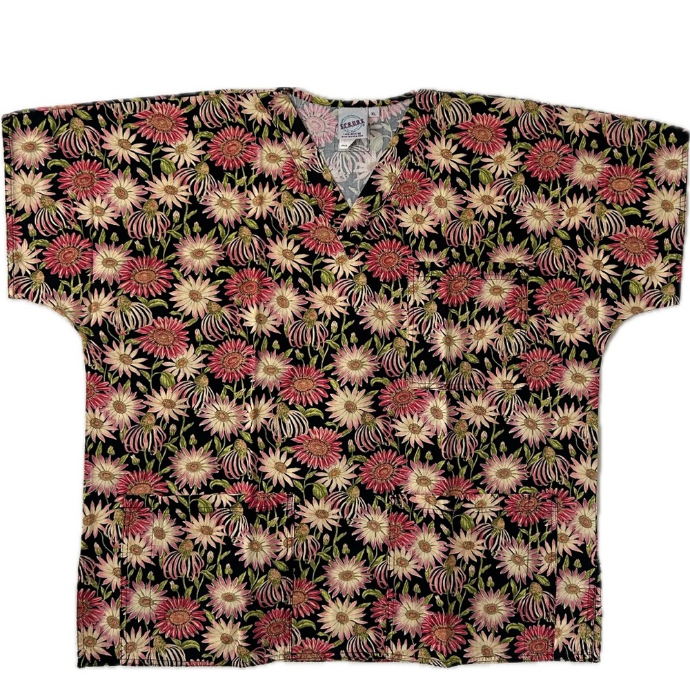 Smart Scrubs Floral Print Top - Black and Red